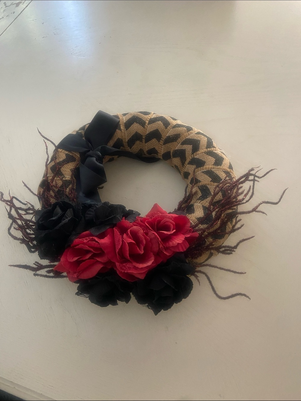 Handcrafted Red & Black Floral Headband with Chevron Burlap